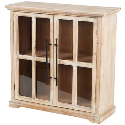Wood 1 Shelf and 2 Door Cabinet with Glass Front Panels - Brown - Roche River Decor - 13"Wx33"Lx34"H