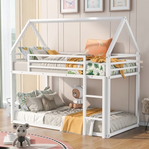 slide 2 of 14, Modern Twin over Twin House Bunk Kids Bed with Built-in Convertible Ladder,House Roof and Guardrail White
