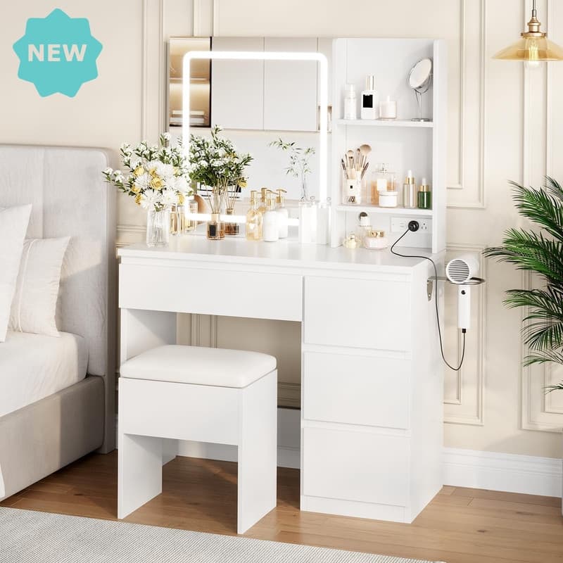 Vanity Desk with LED Mirror, Charging Ports, Storage Stool, Drawers, Hair Dryer Holder
