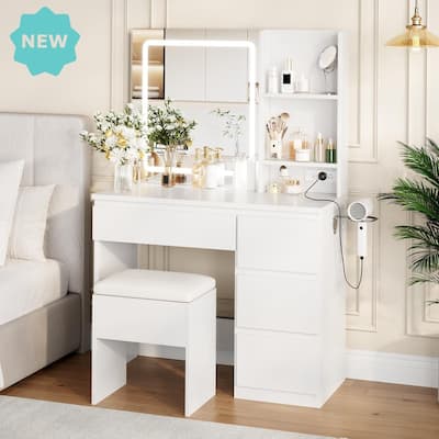 Vanity Desk with LED Mirror, Charging Ports, Storage Stool, Drawers, Hair Dryer Holder