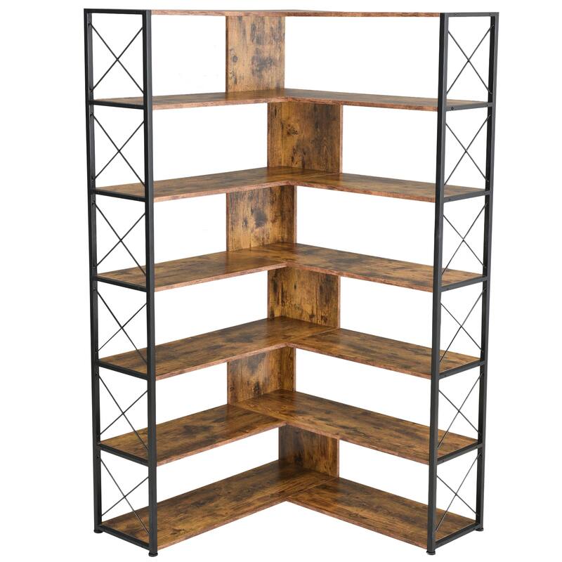 Industrial 7-Tier L-Shaped Corner Bookcase Home Office Bookshelf
