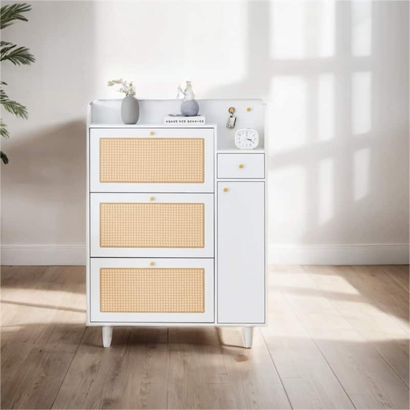 Modern Wood Minimalist Rattan Shoe Cabinet with Legs