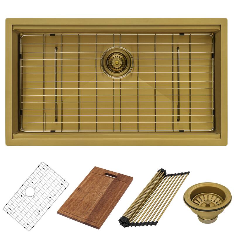 Ruvati 27 inch Polished Brass Matte Gold Workstation Undermount Kitchen Sink Single Bowl - 27" x 19" - 27" x 19"
