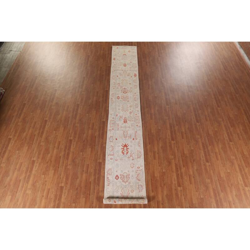 Hand Knotted Oriental 100% Wool Carpet Transitional All-Over Beige & Ivories Oushak Runner Rug - 17' 7'' X 2' 6''