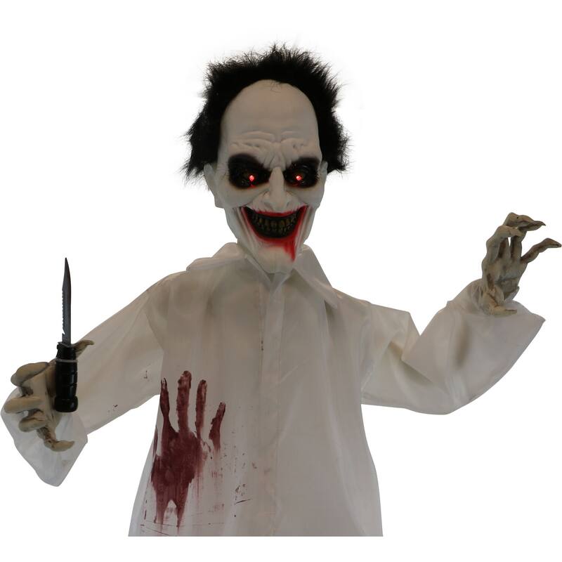 Haunted Hill Farm 5.75-Ft. Animatronic Doctor, Indoor/Covered Outdoor Halloween Decoration, Red LED Eyes, Laughing, Snips