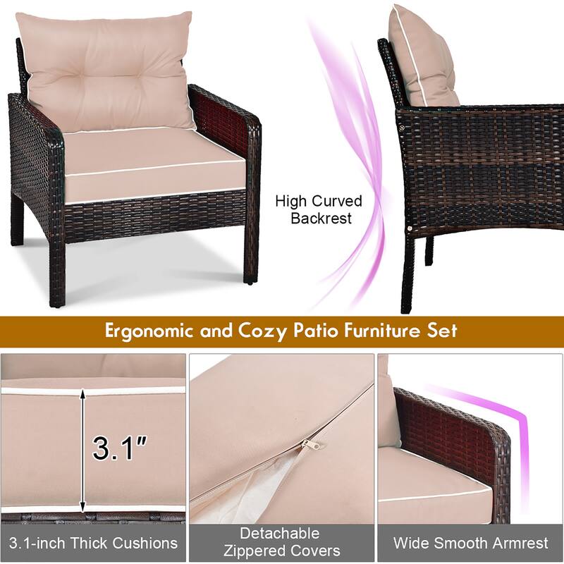 Costway 5 PCS Rattan Wicker Furniture Set Sofa Ottoman W/Brown Cushion