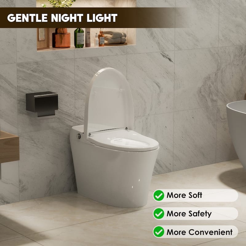 Smart Toilet with Heated Seat & Foot Sensor Flush - Tankless, Dual Flush, Night Light, Upmarket Compact White Ceramic Toilet
