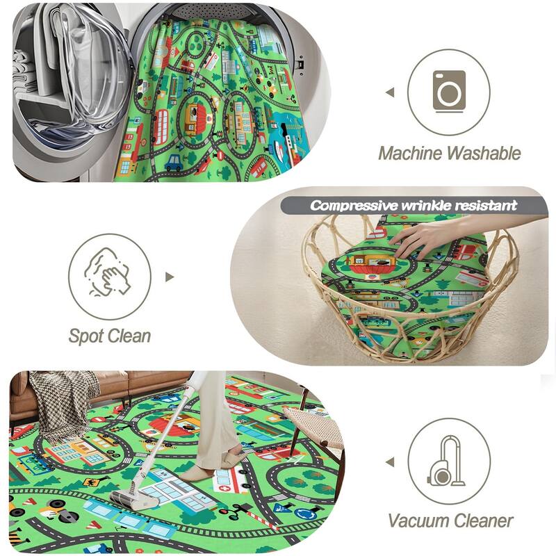 Kids Play Rug, City Road, Vehicle Carpet Playmat Rug, Non Slip Educational Kids Area Rug for Playroom Nursery Toddler Room