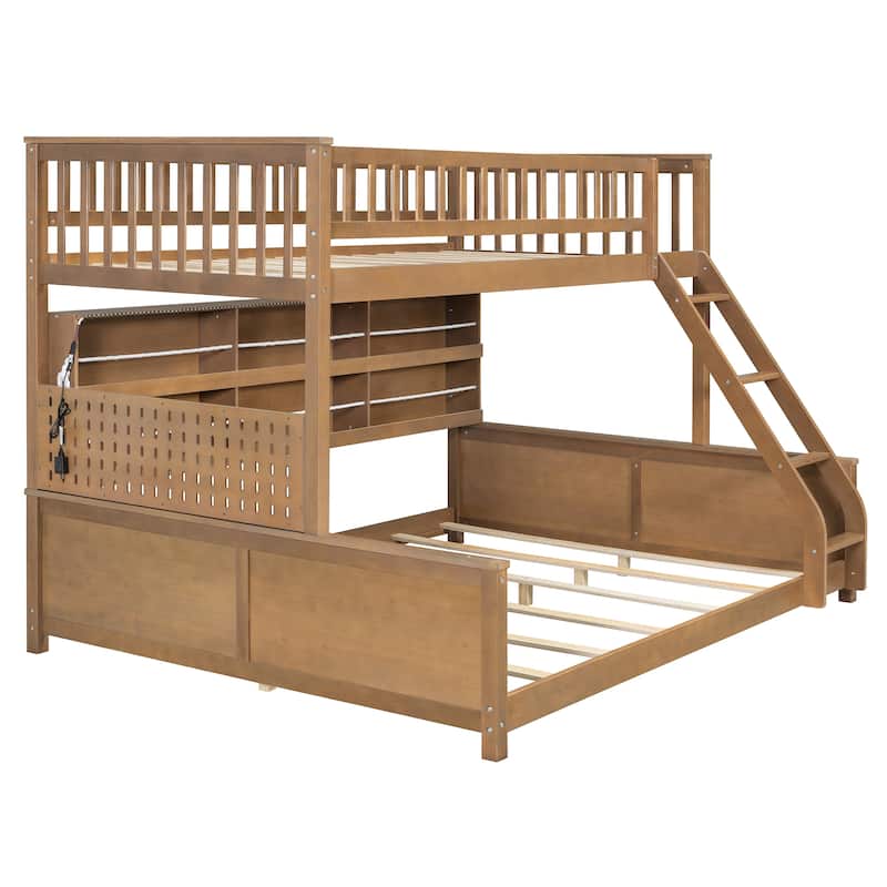 Full XL over Queen/Full over Full Bunk Bed with Integrated Shelving, Color-Changing Lights & Pegboard