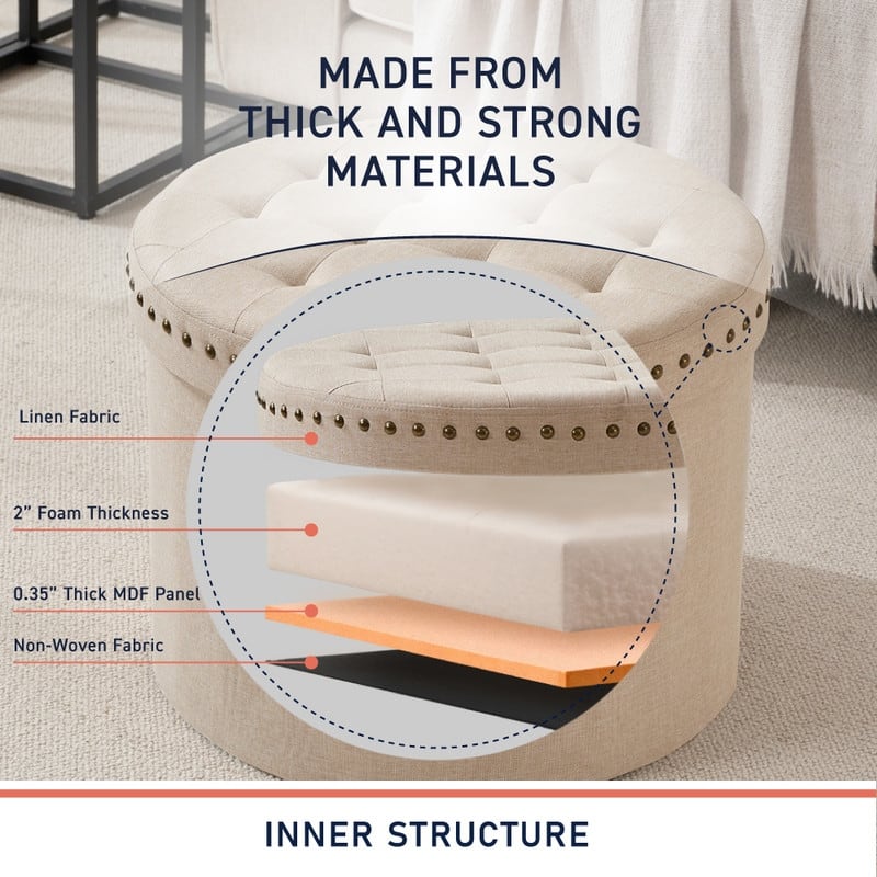 Ornavo Home Decor Large 20" Round Collapsible Storage Ottoman with Nailhead Trim for Living Room and Bedroom