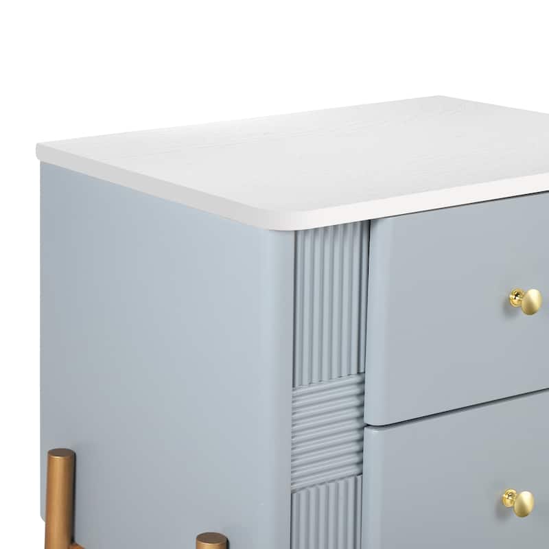 Modern Nightstand with 2 Storage Drawer, Fluted Bedside Table with Golden Metal Handles and Legs