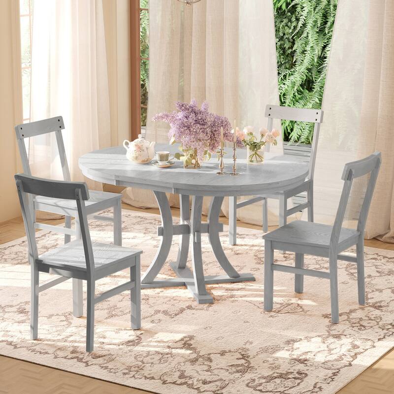 5-Piece Rustic Round Pedestal Extendable Dining Table Set with 15.7" Removable Leaf and Simple Dining Chirs for Small Places - Grey
