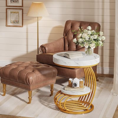 2 Tiers Round End Table with Shelf Storage, Arc-Shaped Side Sofa Table
