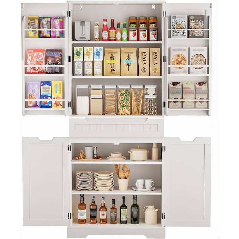 71" Freestanding Modern 4 Doors Kitchen Storage Pantry Cabinet with Shelves and Drawers Tall Kitchen Storage Cabinet Organizer