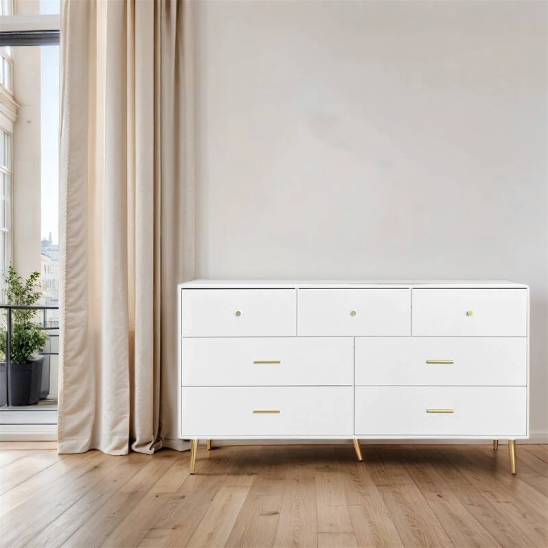 7 Drawers Large Chest of Drawer Cabinet w/ Golden Handle & Golden Legs - Matte White
