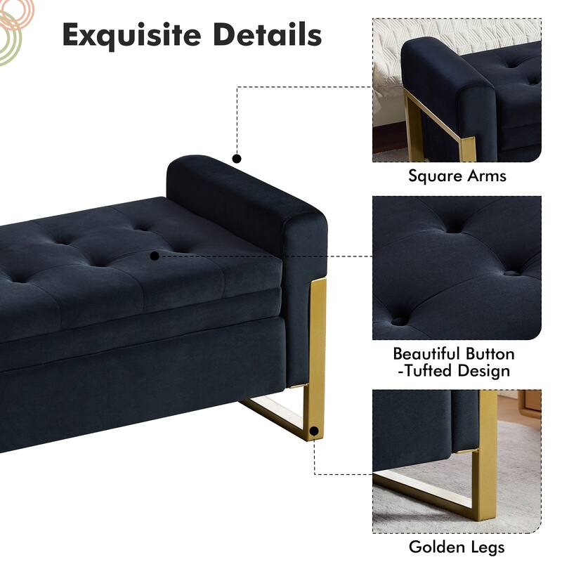 66" Storage Bench for Bedroom End of Bed with Double Lids and Gold Legs