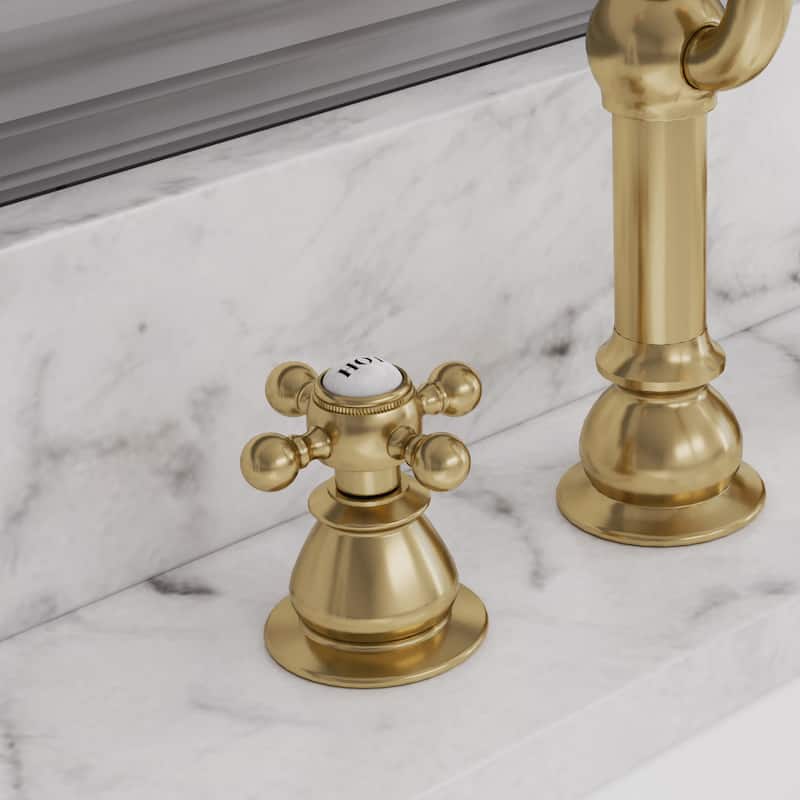 Classic Hook Widespread Deck Mount Lavatory Faucets F2-0012 With Pop-Up Drain in Satin Gold With British Cross Handles