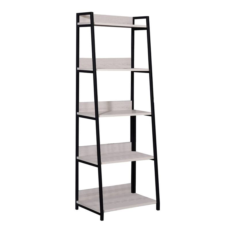 Wooden Bookshelf with 5 Open Compartments, Washed White and Black