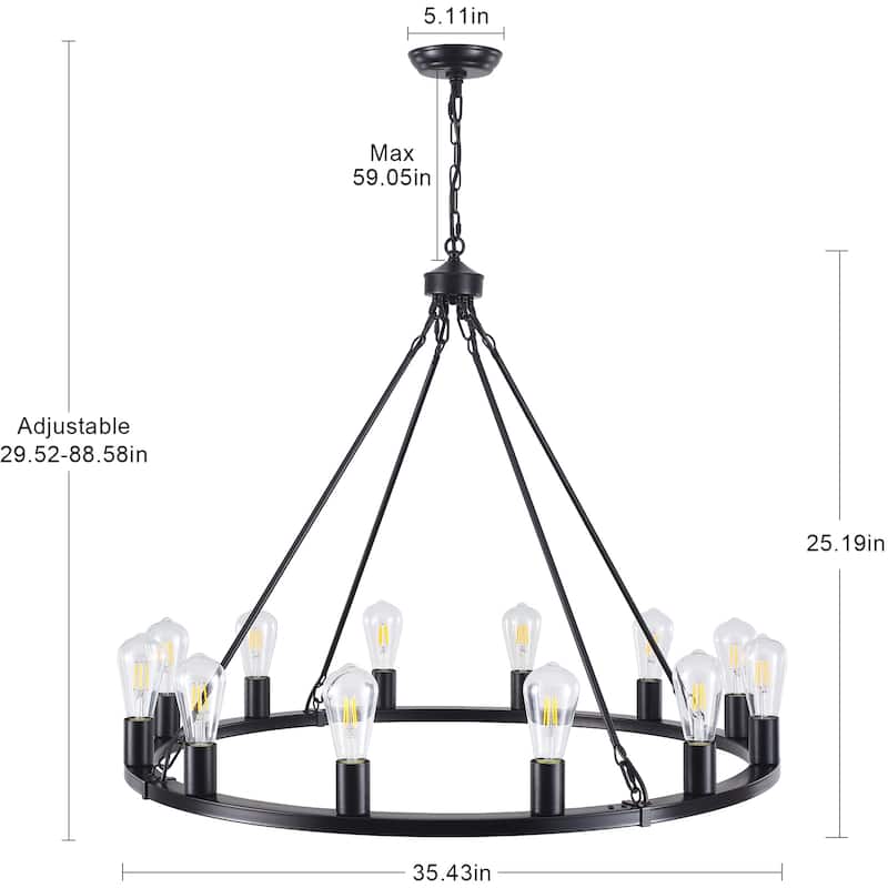 35.43-inch Round Wagon Wheel Chandelier, 12-light Adjustable Chandelier for Living Room Kitchen Island Dining Foyer