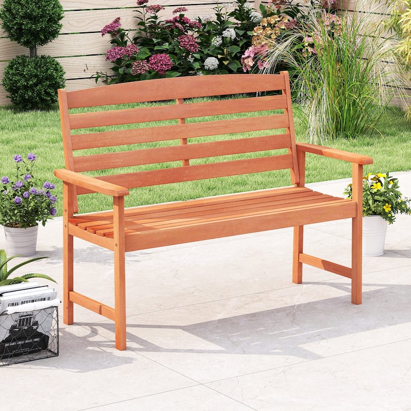 47.5" Natural Solid Wood Garden Bench Loveseat with Slatted Backrest and Armrests for 2-Seater - 47.5" × 26" × 35.5"