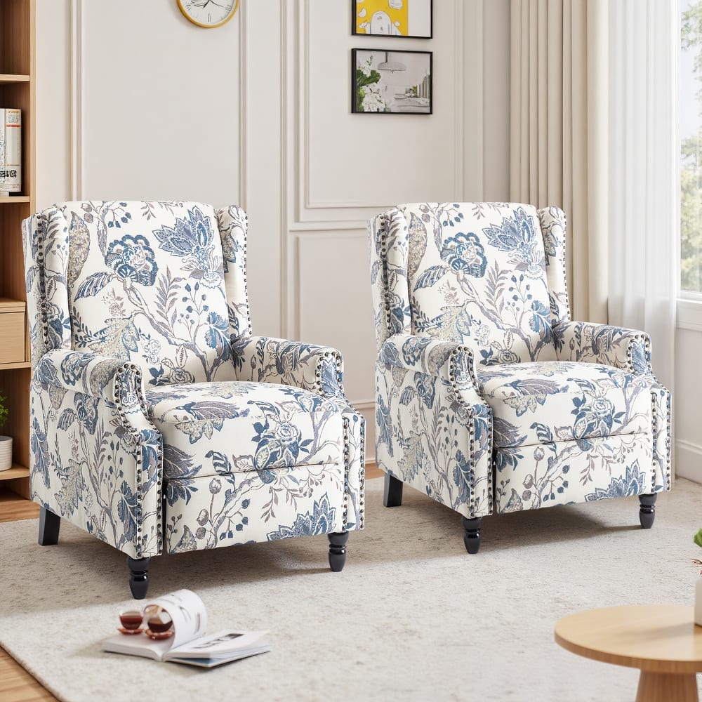 Floral Linen Manual Recliner Chair with Footrest set of 2