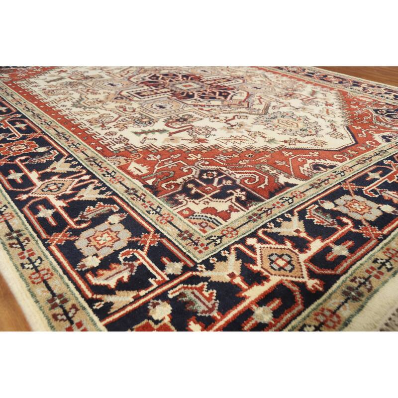 Geometric Ivory Heriz Serapi Indian Area Rug Handmade Wool Carpet - 8'0" x 9'9" - 8'0" x 9'9" - Ivory/Beige