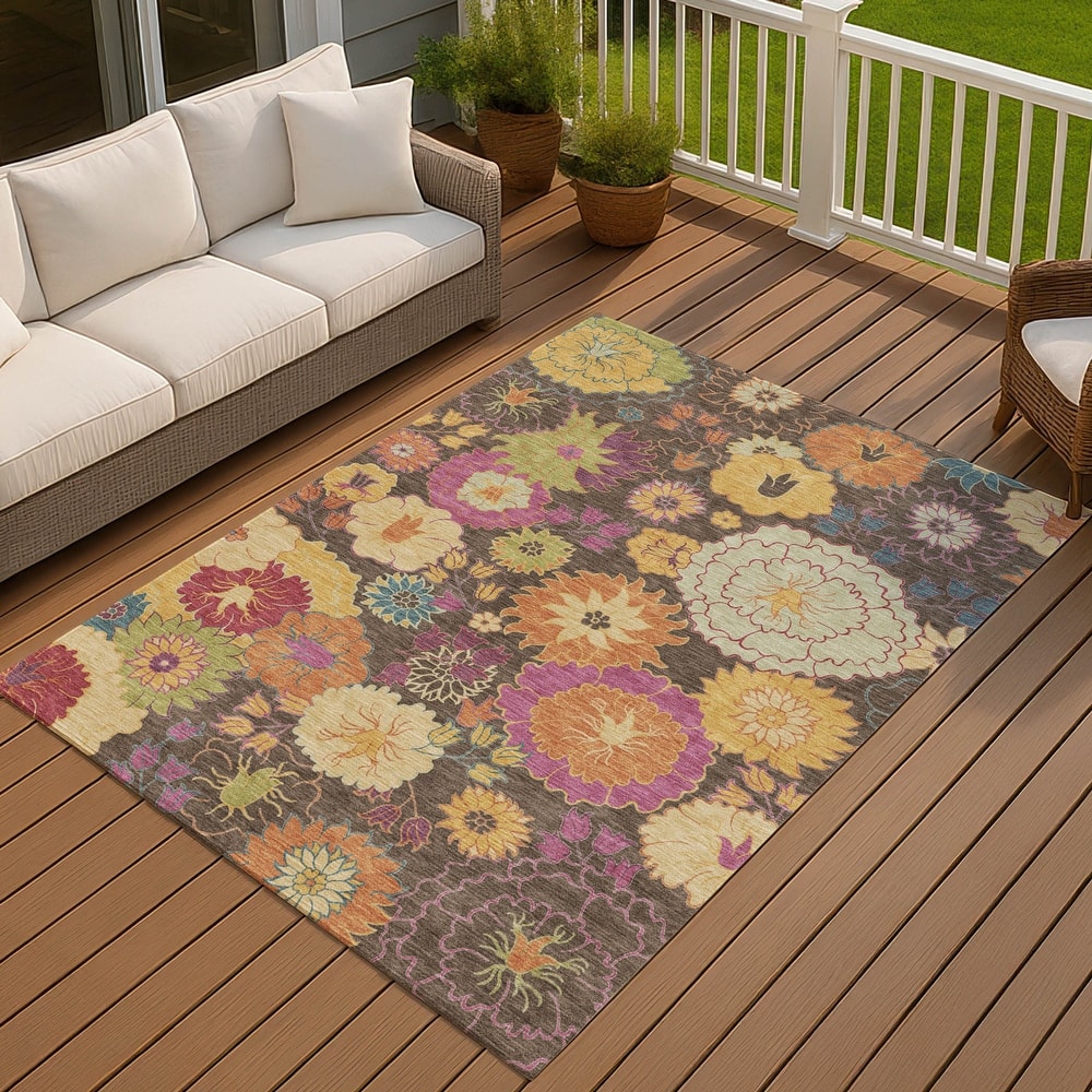 Machine Washable Indoor/ Outdoor Modern Floral Chantille Rug