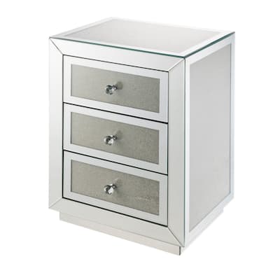 3 Drawer Mirrored Accent Table with Faux Diamond Inlay, Silver