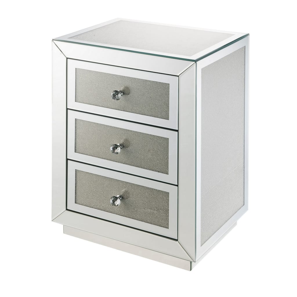 3 Drawer Mirrored Accent Table with Faux Diamond Inlay, Silver
