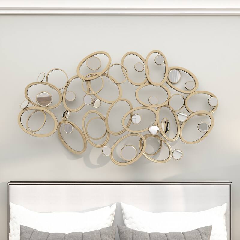 Silver Metal Overlapping Oval Geometric Home Wall Decor with Round Mirrored Accents