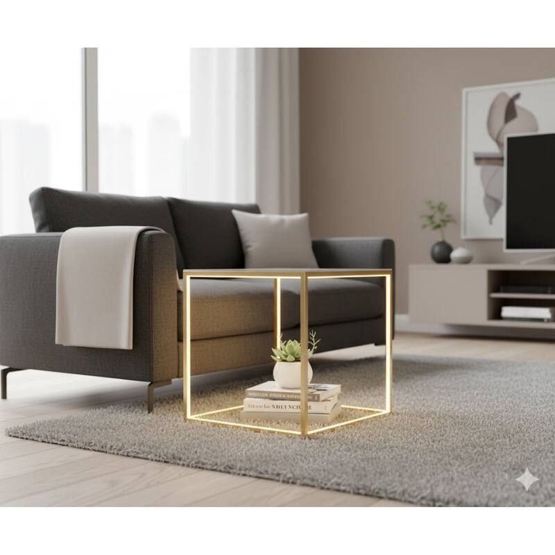 LED Gold Aluminum Frame Side Table with a Frosted Glass Top