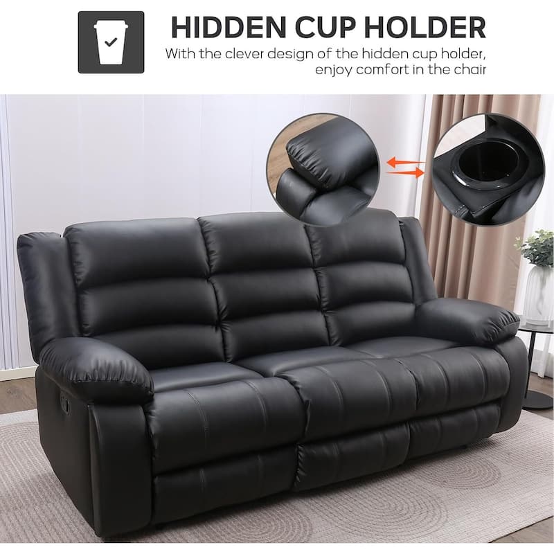 Faux Leather Manual Reclining Sofa with 2 Concealed Cup Holders, Overstuffed Armrest 3 Seat Recliner Couch for Living Room