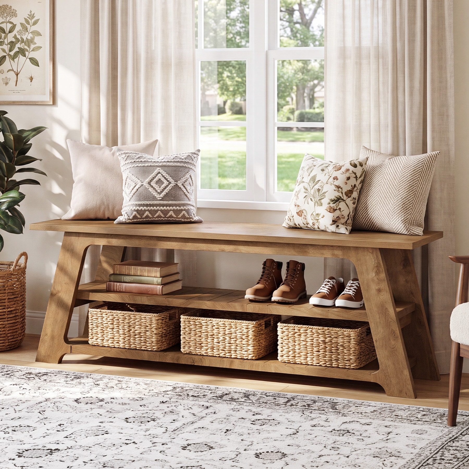 63'' Entryway Shoe Storage Bench , 3-Tier Hallway Foyer Bench with Shelves, End of Bed Benches for Living Room Bedroom