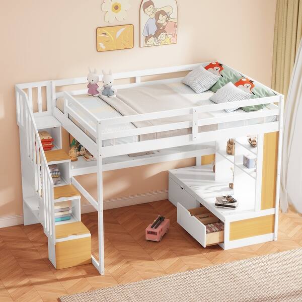 slide 2 of 18, Full Size Loft Bed with Desk, Shelves, Drawers, and Storage Staircase, White and Natural - Solid Wood & MDF Frame Natural