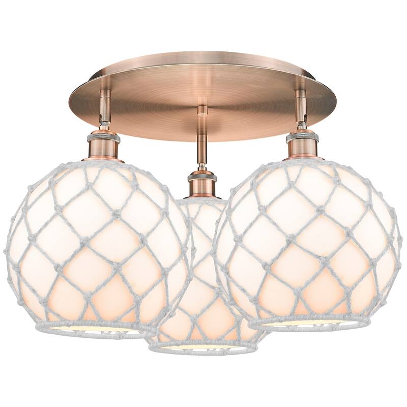 Innovations Lighting 516-3C-14-22 Farmhouse Rope Semi-Flush Farmhouse - Antique Copper / White Glass with White Rope