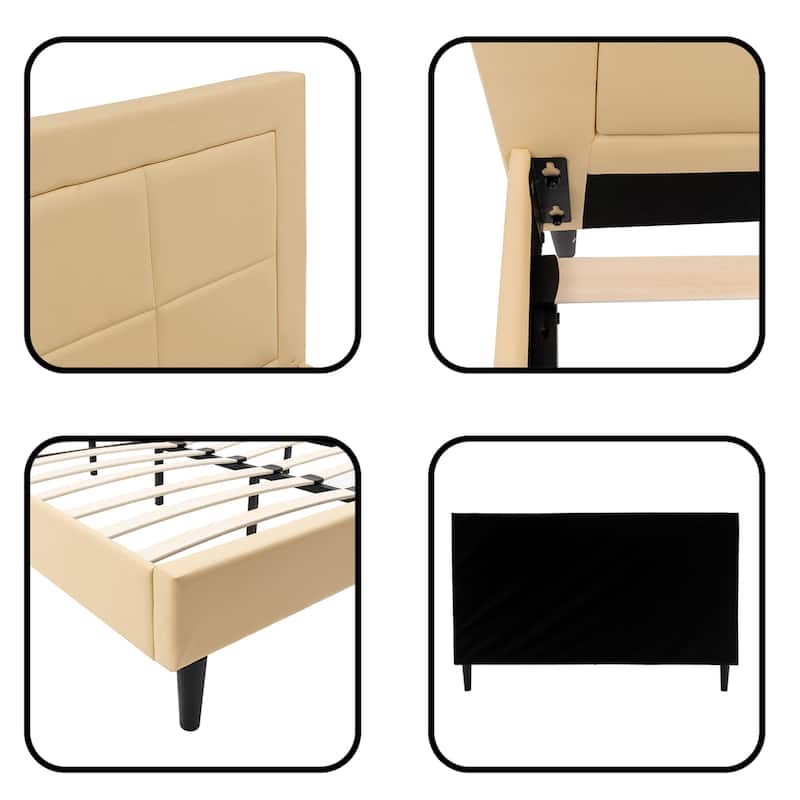 Queen Size Wood Slat Bed Frame with PU Leather Headboard