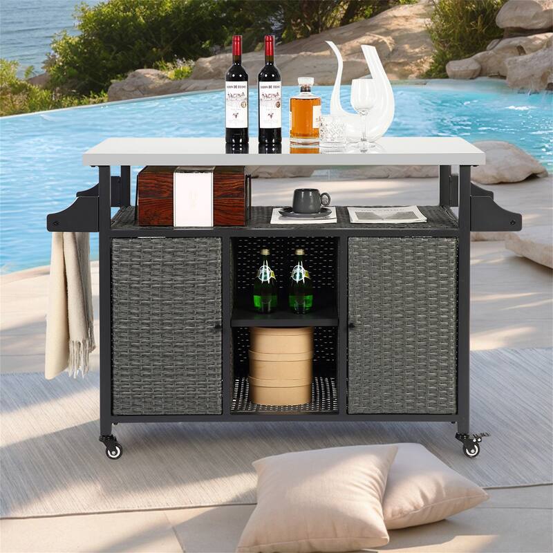 Outdoor Wicker Rolling Island w/ Stainless Steel Extended Top,Handle