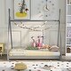 preview thumbnail 2 of 18, Twin Size House Platform Bed with Triangle Structure, X-Shaped Safety Railings, Headboard, and Sturdy Pine Wood Frame, Grey