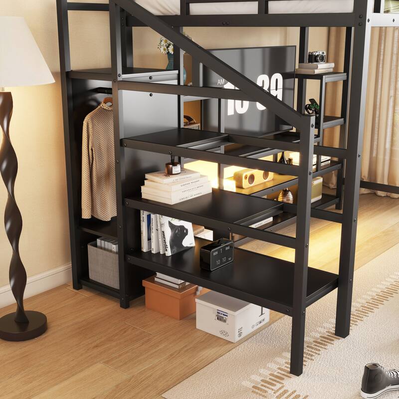 Full Size Metal Loft Bed with TV Stand, Staircase, Wardrobe, and LED Light Strip