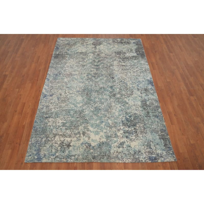 Hand Knotted Oriental Viscose Silk Carpet Modern Abstract Greys & Charcoal Abstract Area Rug - 7' 8'' X 5' 5''