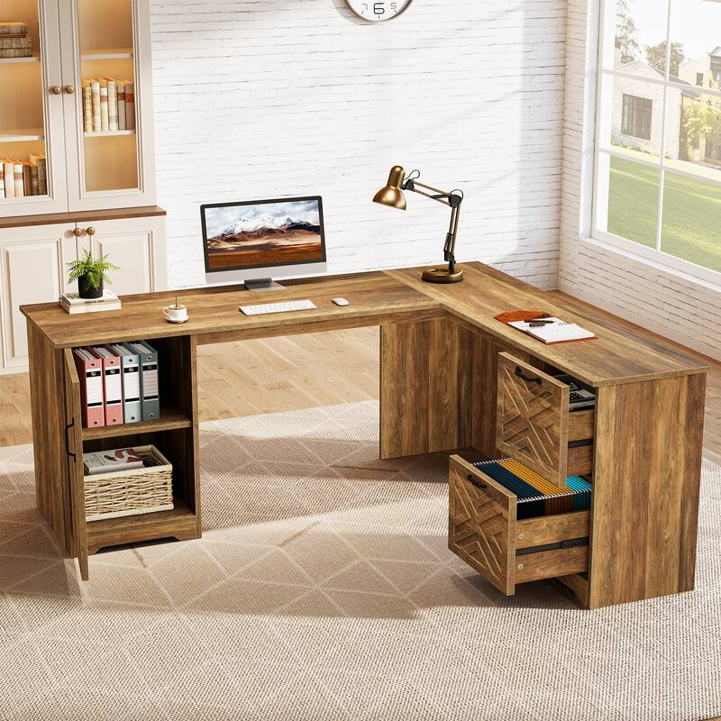 63 Inches Large L Shaped Executive Desk with File Cabinet and Drawer - Brown