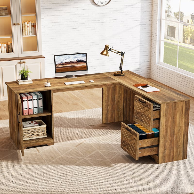 Farmhouse L Shaped Desk with Drawers, 63 Inch Large Executive Home Office Desk - Brown