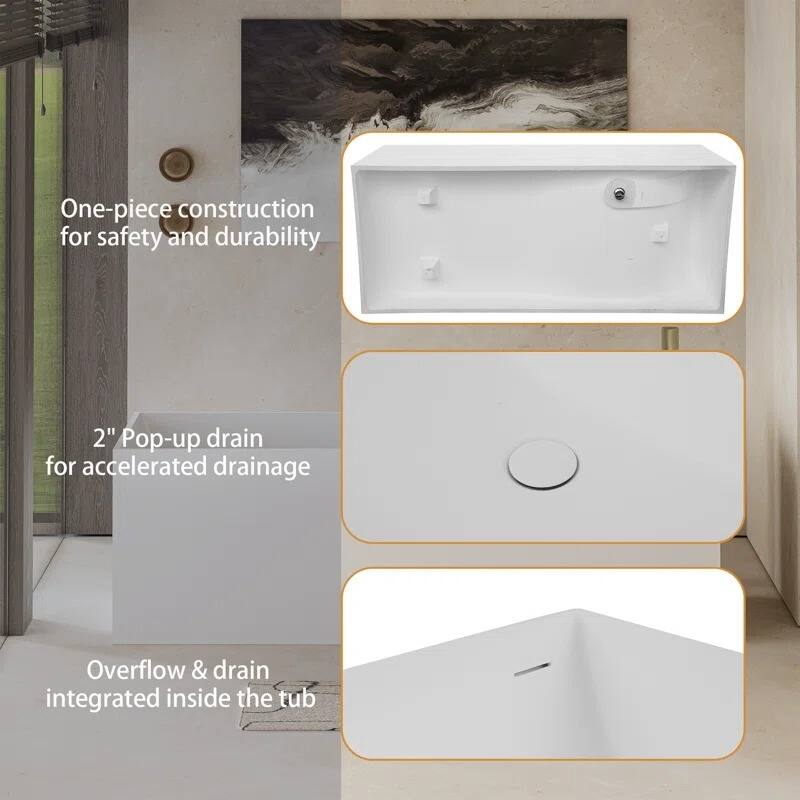 ABRUZZO 67" x 28" Freestanding Solid Surface Soaking Bathtub with Overflow & Pop-Up Drain