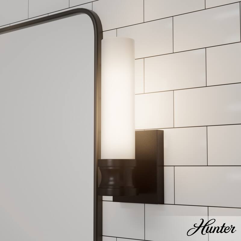 Hunter Lenlock 1 Light Wall Sconce - Glam, Contemporary - Damp Rated! - Noble Bronze - White Glass