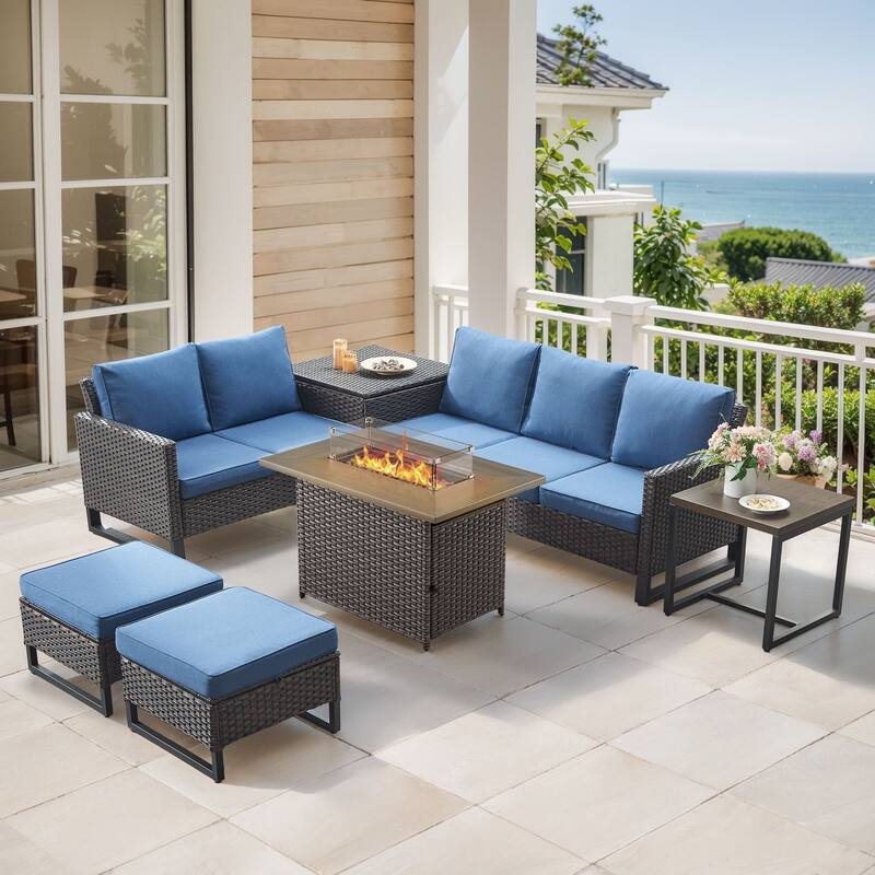 Gymojoy 7 Piece Wicker Outdoor Patio U-shaped feet Conversation Set Group , Include Fire Pit Table