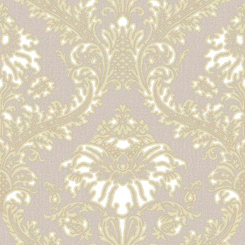 Galerie Wallcoverings Cottage Chic Traditional Damask Vinyl on Non-woven Metallic Wallpaper Roll - 33 feet x 21 inches - Beige