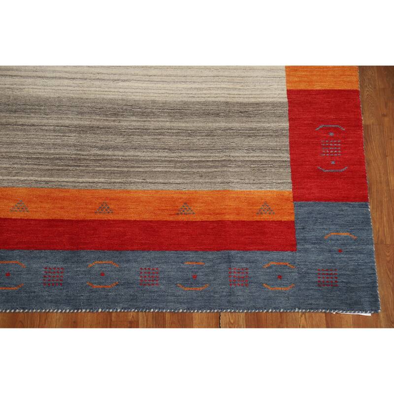 Hand Knotted Oriental 100% Wool Carpet Tribal Bordered Beige & Ivories Gabbeh Area Rug - 9' 9'' X 6' 8''