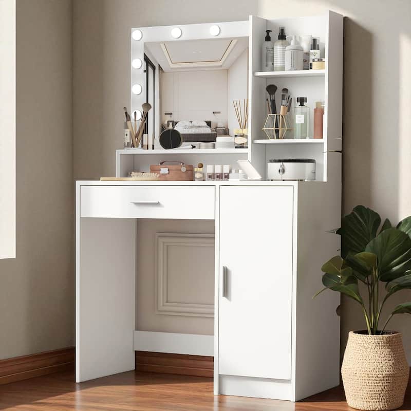 Makeup Vanity Table with Adjustable Lighting, Oversized Drawer, 3 Shelves and Cabinet Storage