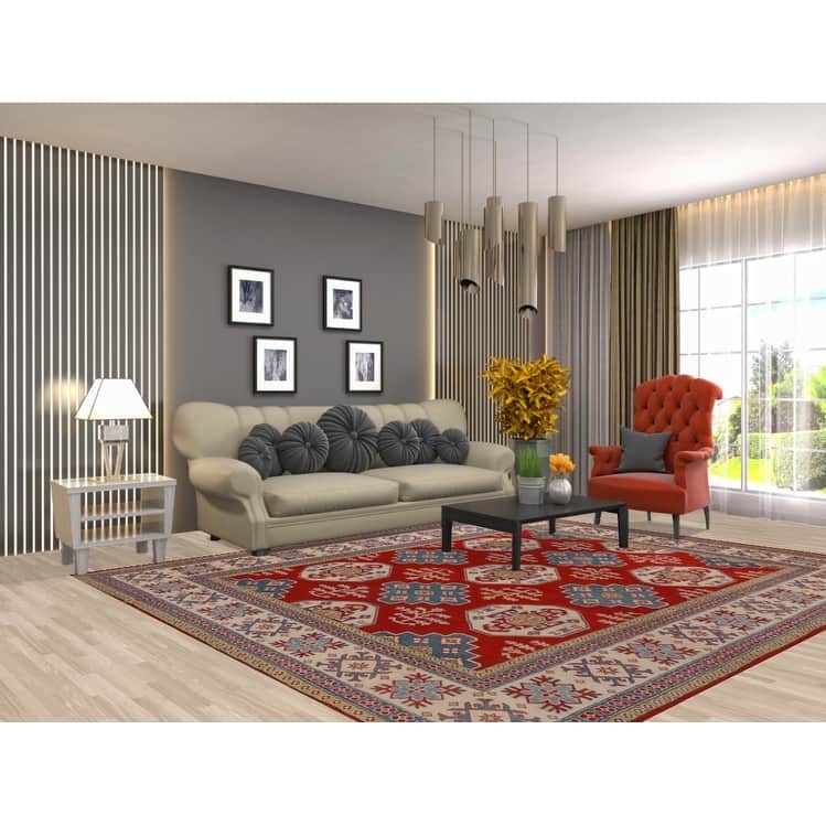 Hand Knotted Oriental 100% Wool Carpet Traditional Geometric Red Kazak Area Rug - 9' 6'' X 8' 0''
