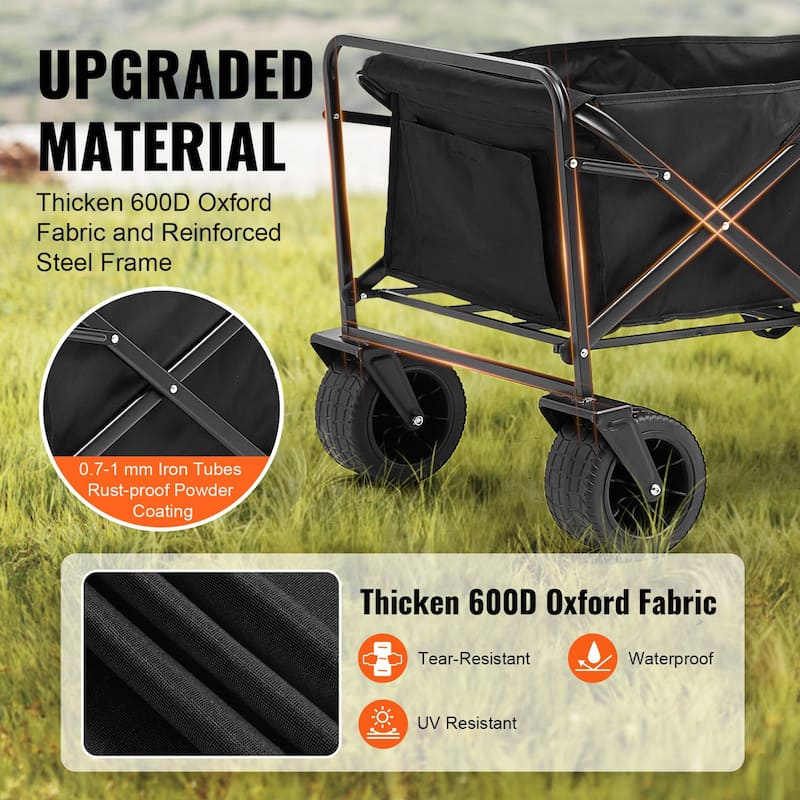 Black Oxford Iron Wagon 350lbs Foldable Cart with Lock Brakes - 37.59x35.43x23.62 inch